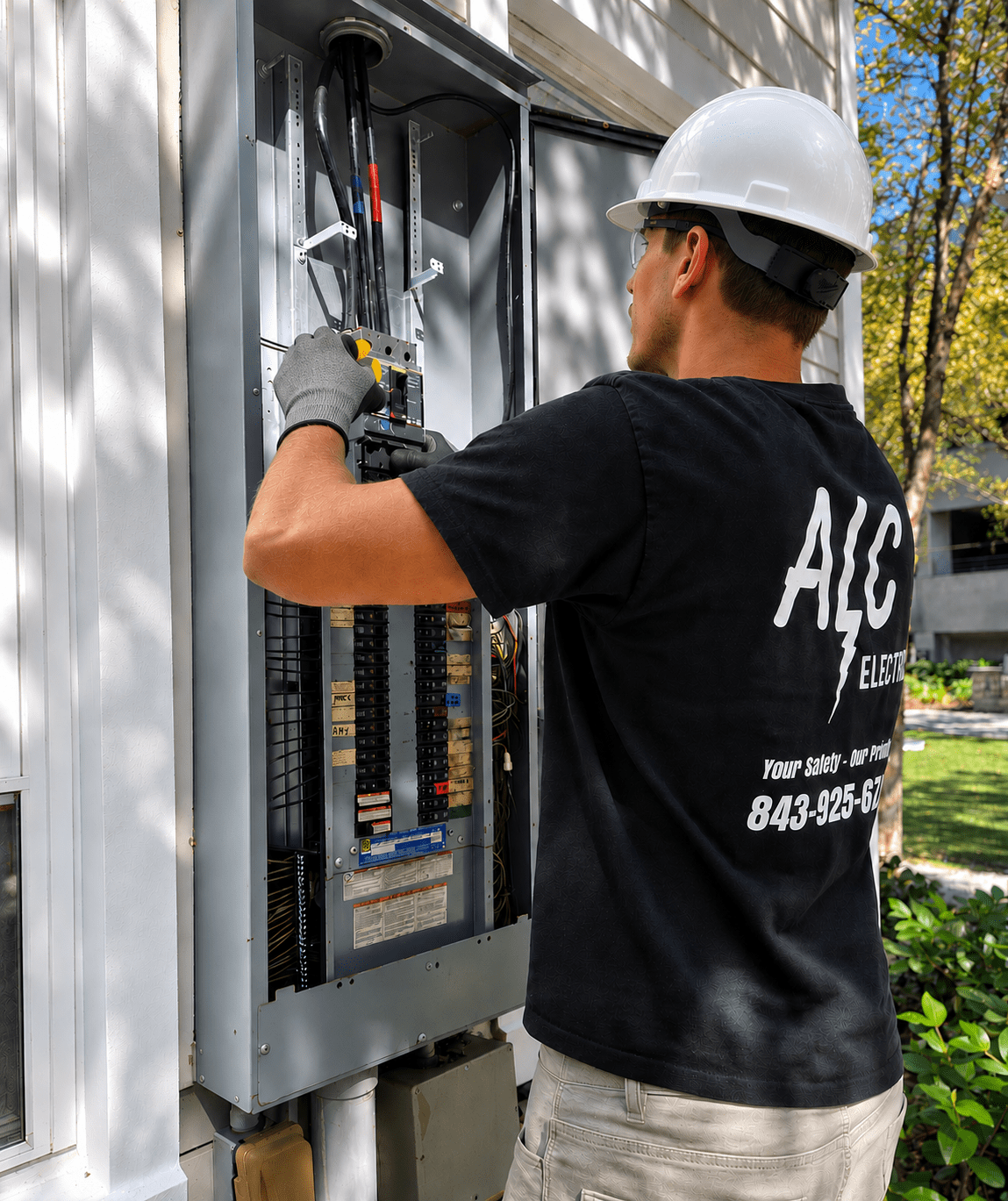 Electrician working on a service panel, adjusting circuit breakers. The technician, wearing a helmet and gloves, ensures electrical safety.